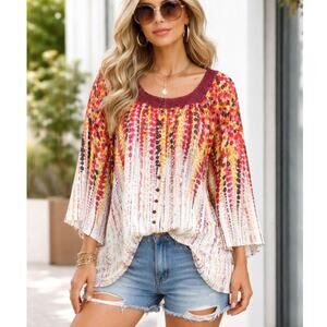 Maggie Barnes Button-Up Blouse Women's Size 3X Crochet Neckline Artsy Boho Flowy